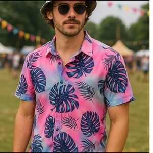 Good Vibes Tropical Palm Leaf Button-Up Shirt Men’s L – Stretch Polyester Retro